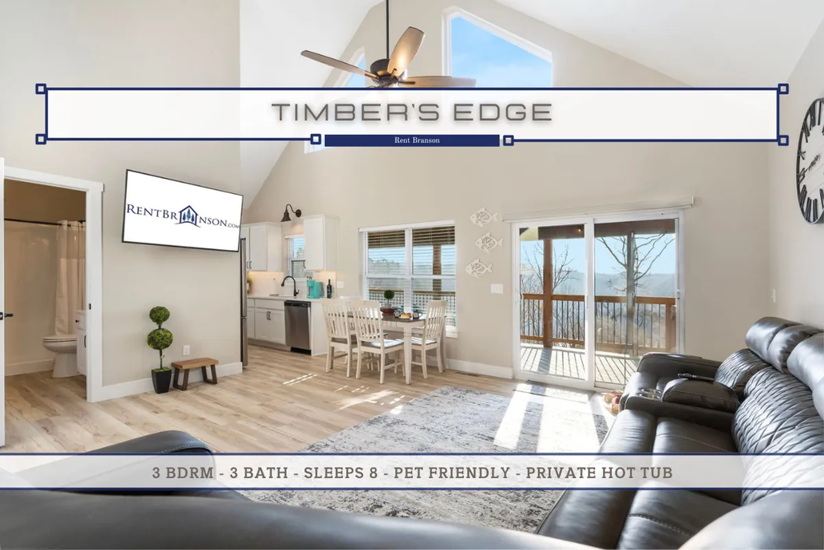 A cozy interior scene with a spacious sofa, dining table, window view, and a hot tub visible in the background. The layout is open and inviting, offering plenty of space for a dog to relax indoors with family members.